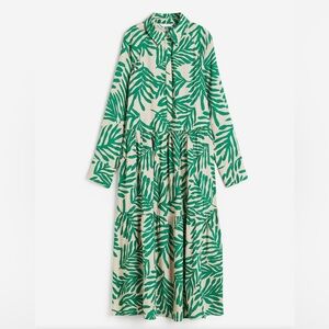 H&M Cream and Green Leaf Print Long Sleeve Dress